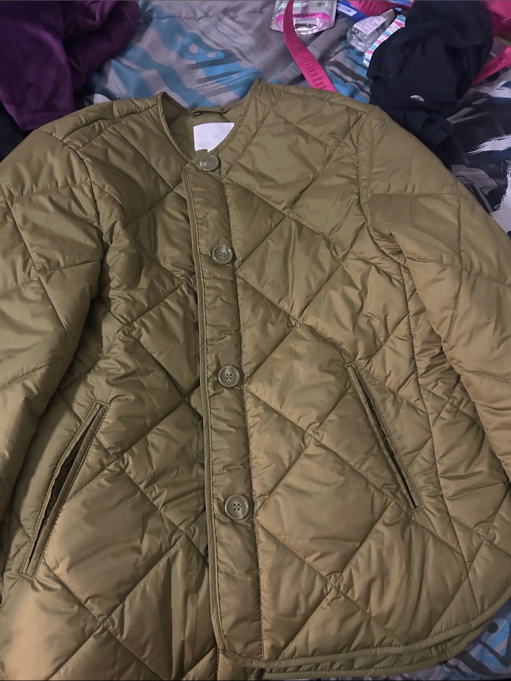 H&M Olive Quilted Button-Front Puffer Jacket